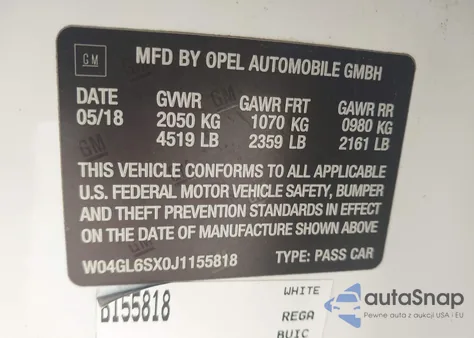2018 Buick Regal Sportback Preferred from USA, damaged, VIN W04GL6SX0J1155818